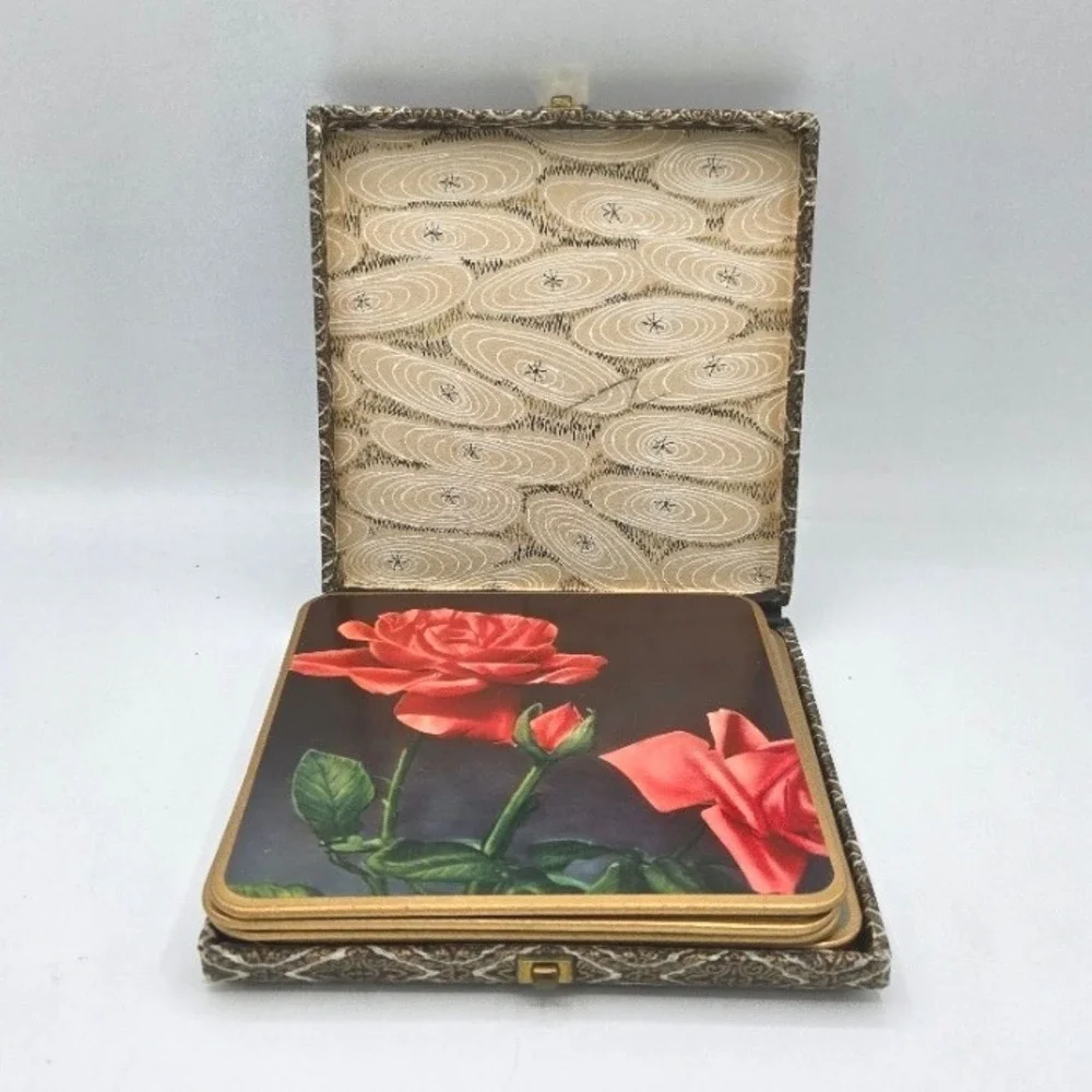 Vintage Win-El-Ware Rose Coasters‎ Set of 6 - Made in Great Britain with Box